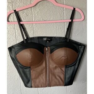 Say What Vegan Leather Bustier Corset Top Cropped Zipper Brown Black Size XL